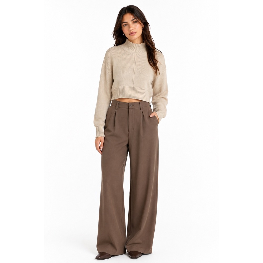 DISSH | Mock Neck Cropped Sweater Size 12/Large Beige Ribbed Knit Long Sleeve